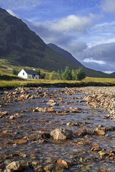 The remote Lagangarbh Hut along River Coupall in front of Buachaille Etive Mor in Glen Coe