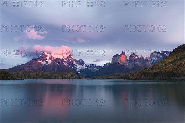 Sunrise over the Cuernos del Paine and Lago Pehoe