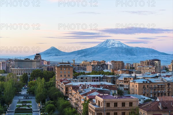 Mount Ararat and Yerevan seen from the Cascade at sunrise