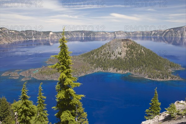 View of a volcanic cinder cone forming island in Lake Caldera