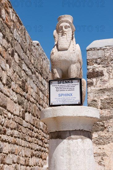 Sphinx with beard and wings on pillar