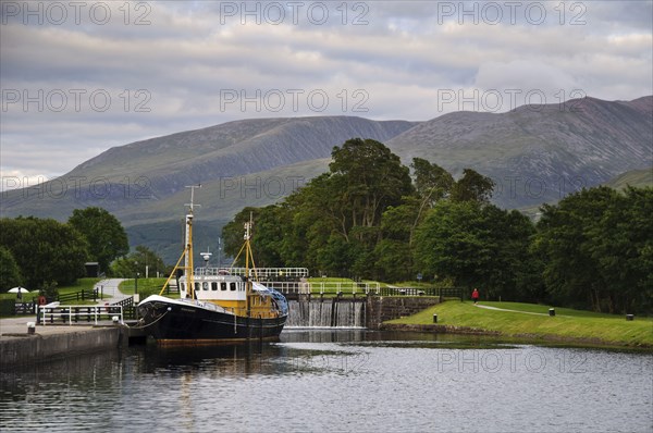 'Ocean Bounty' survey vessel moored beside lockgates at start of canal