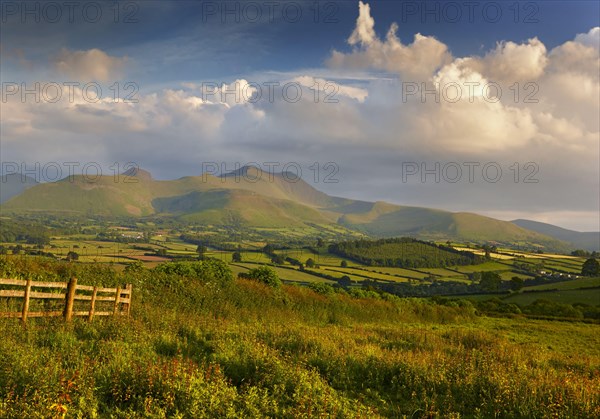 View of farmland and hills in the evening