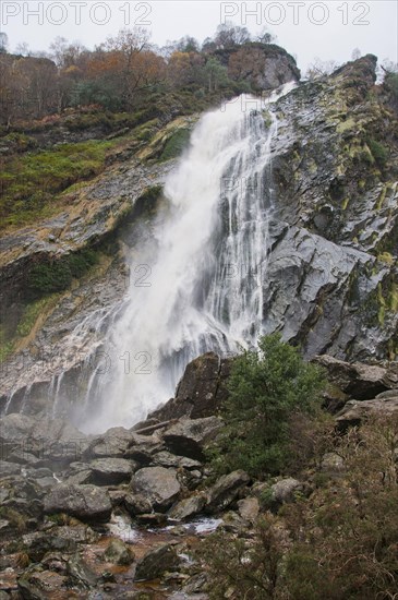 View of 'horsetail' waterfall flowing over rocks