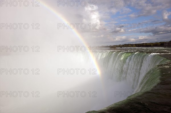 Rainbow forming in spray over waterfall