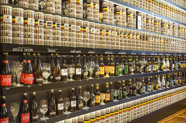 Collection of Belgian beers for sale in a souvenir shop in Belgium