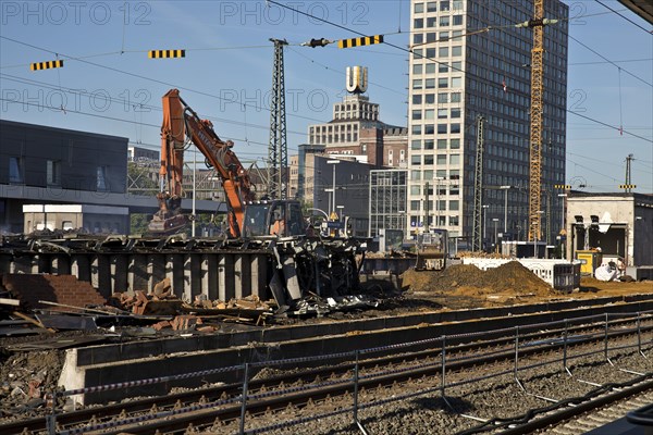 Construction site at Dortmund Central Station with the Dortmunder U and the Harenberg City Center