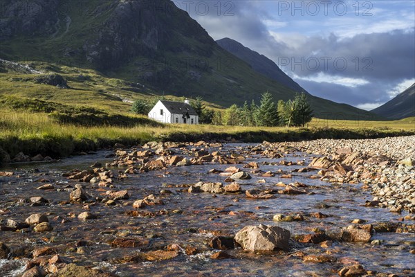 The remote Lagangarbh Hut along River Coupall in front of Buachaille Etive Mor in Glen Coe