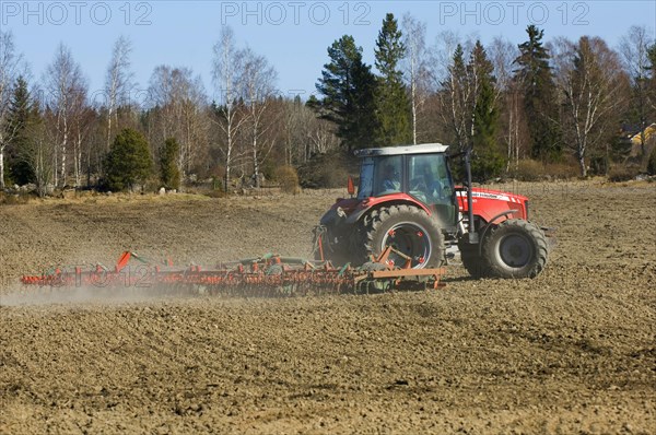 Massey Ferguson tractor pulling harrows
