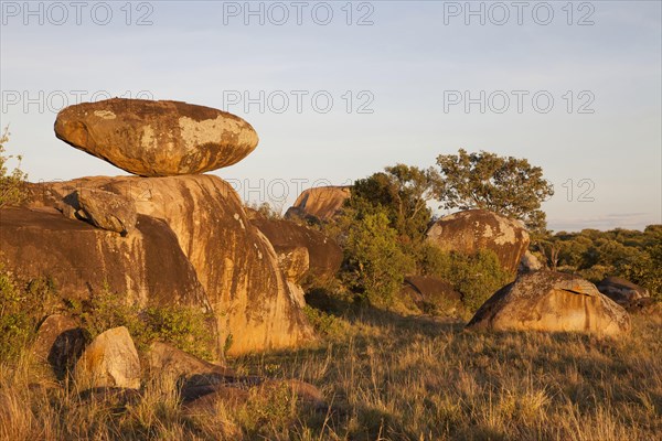 View of savannah with kopje rock formations in dawn sunlight