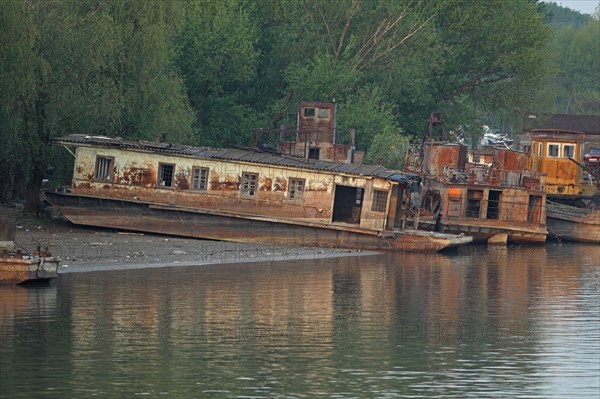 Rusting boats at edge of river