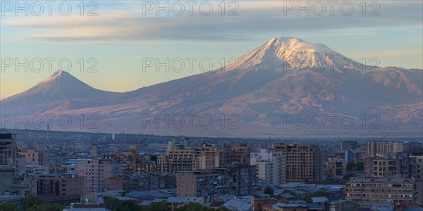 Mount Ararat and Yerevan seen from the Cascade at sunrise