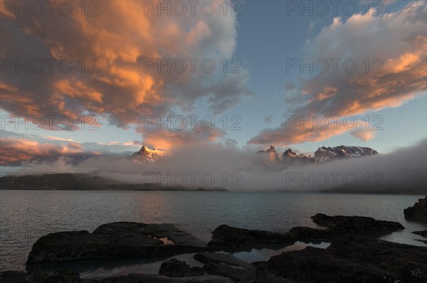 Sunrise over the Cuernos del Paine and Lago Pehoe