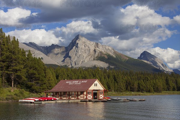 Boathouse with canoes at Maligne Lake