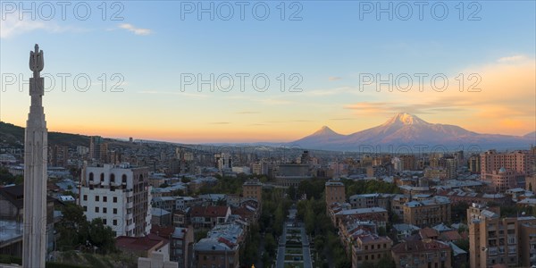 Mount Ararat and Yerevan seen from the Cascade at sunrise