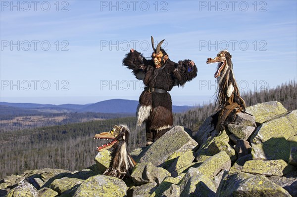 Creepy wooden devil figures on the summit of the Lusen in autumn