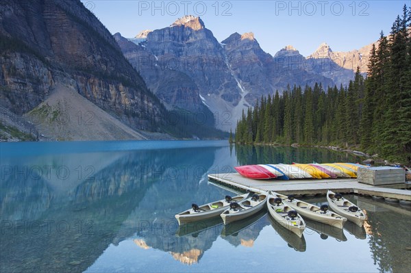 Canoes at Moraine Lake in the Valley of the Ten Peaks