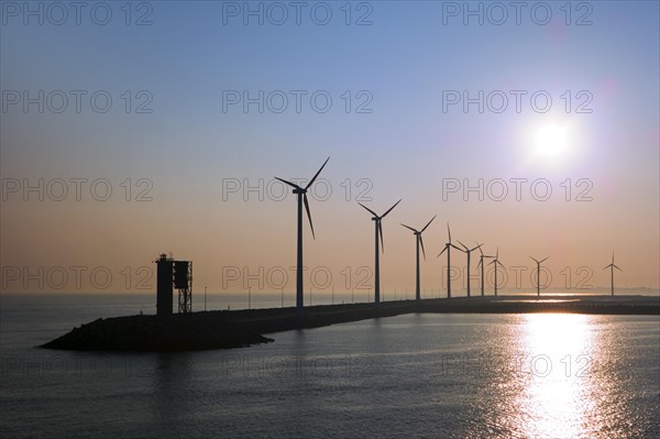 Wind turbines in the wind farm on the dam in Zeebrugge