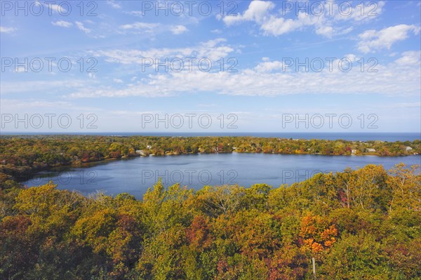 Bird's eye view of Scargo Lake and Cape Cod Bay