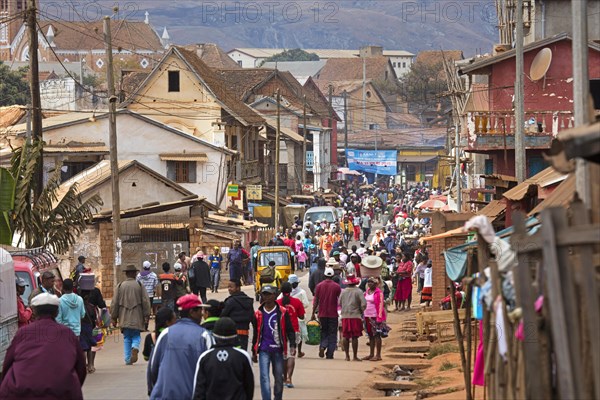 Malagasy locals shopping in the colonial main street of Ambalavao town