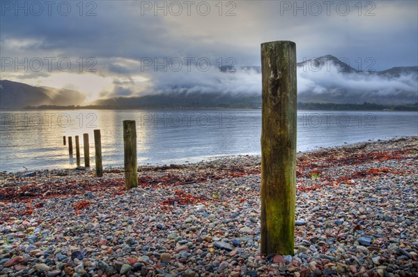 Wooden poles on the shore of the loch at sunset
