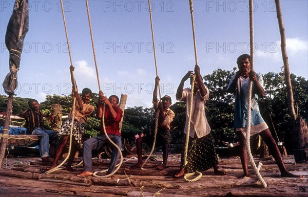 Operating the Chinese fishing nets or Cheena vala in Fort Kochi or Cochin