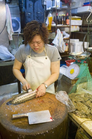 Woman preparing fish next to frogs in a net at the fish market
