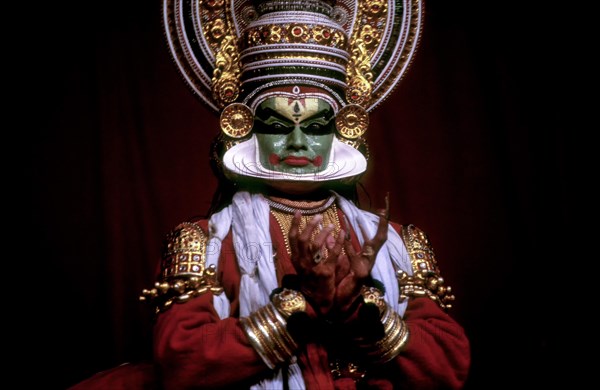 Noble or green character in Kathakali at Kerala Kalamandalam