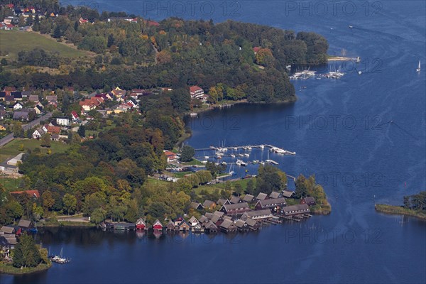 Aerial view of the town of Roebel on the western shore of the Mueritz