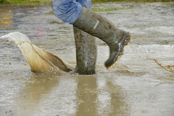 Person walking with wellington boots through puddle at agricultural show