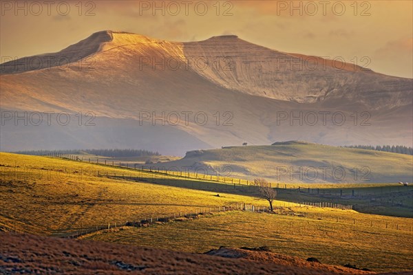 View of upland pastures and snow-capped hills at sunset