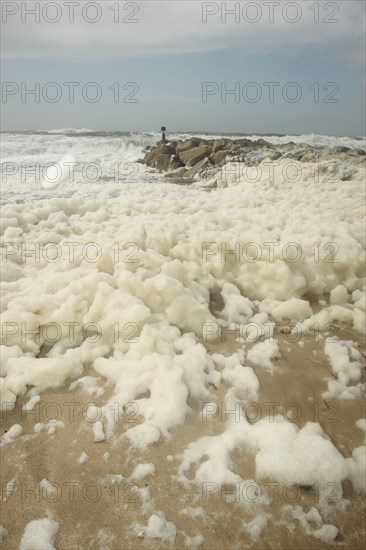 Sea foam washes up on the beach after a storm