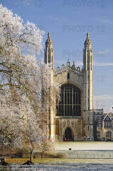 View of Late Gothic chapel and trees in hoar frost