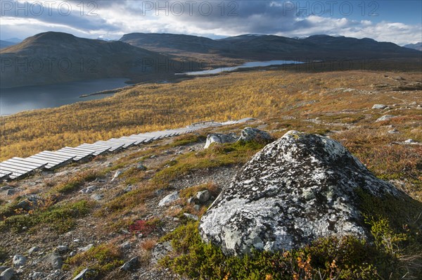 Rock and wooden steps leading to summit of fell