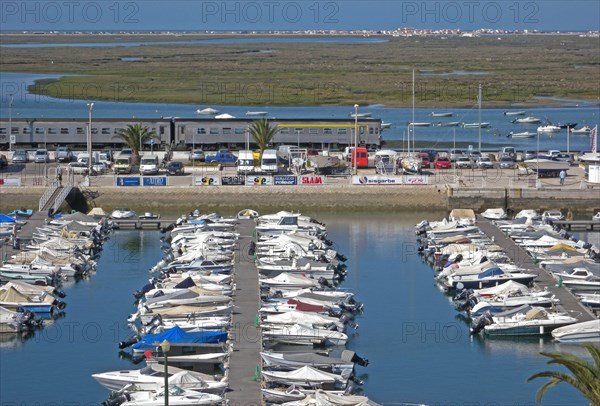 View over marina with passing train