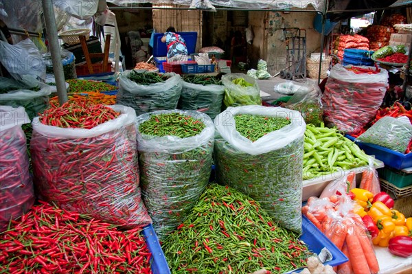 Various Chili Peppers at Pat Khlong Talat market in Bangkok