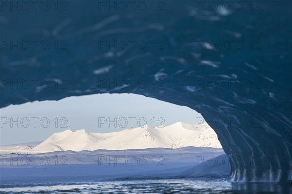 View from the ice cave over the glacier lagoon Fjallsarlon