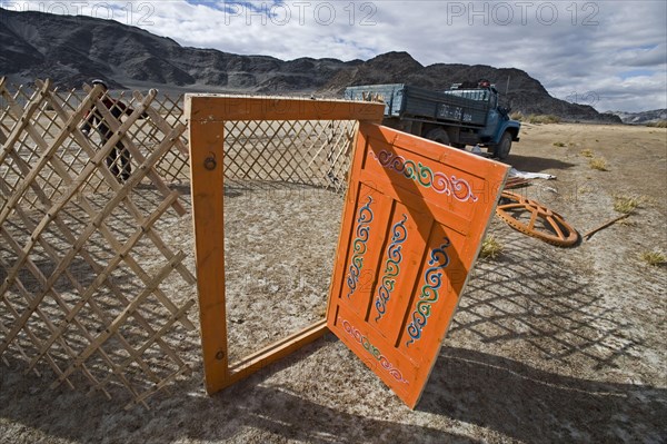 Kazakh nomads set up ger camps on the steppe