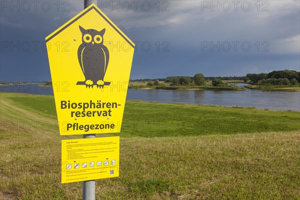 Sign of the UNESCO Biosphere Reserve Elbe River Landscape in summer
