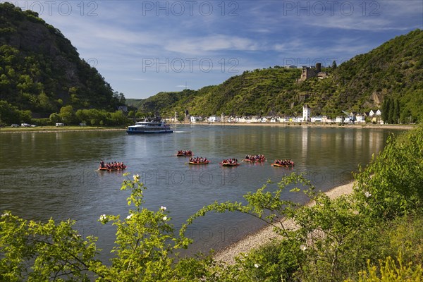 The Rhine at Loreley Harbour with a view of Katz Castle