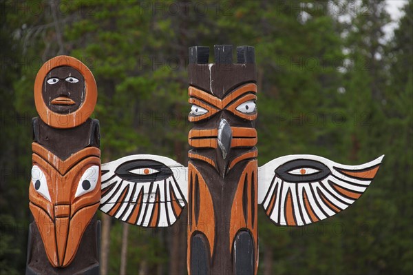 Two totem poles in Jasper National Park