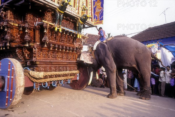 Elephant pushing the chariot in Radhotsavam or temple chariot festival in Kalpathy near Palakkad