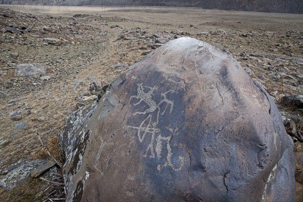 Ancient petroglyphs depicting animals and people hunting