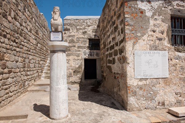 Sphinx with beard and wings on pillar