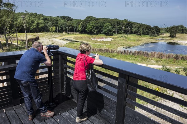 Visitors looking through mounted binoculars from the roof terrace in Zwin nature Park