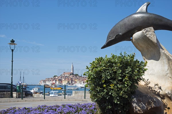 Dolphin sculpture and old town