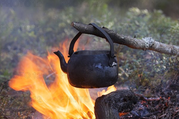 Blackened tin kettles boiling water over flames of campfire during hike