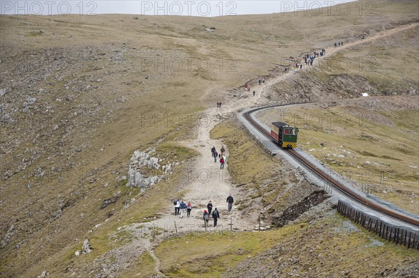 Hiker and train in the mountains