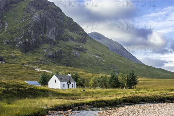 The remote Lagangarbh Hut along River Coupall in front of Buachaille Etive Mor in Glen Coe