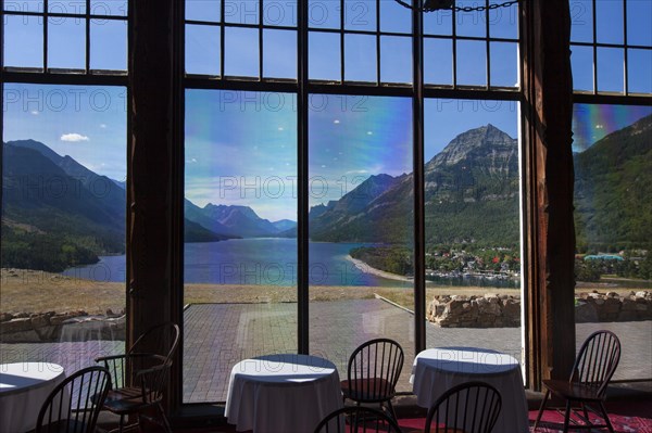 View over Upper Waterton Lake from the window of the Prince of Wales Hotel